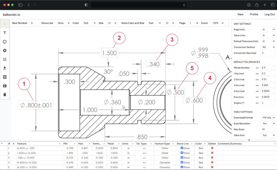 Balloonist.io application showing a balloon inspection drawing with measurement annotations